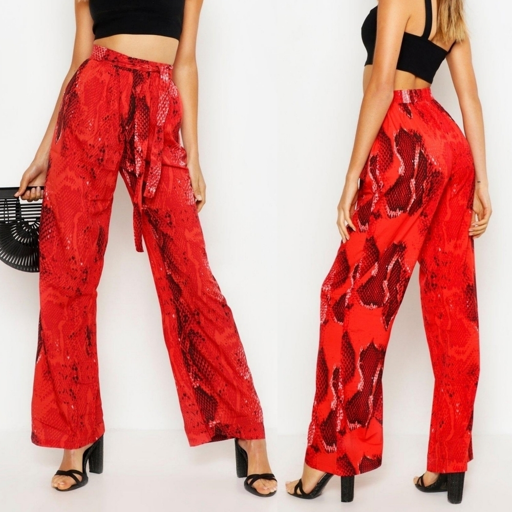 TIE WAIST SNAKE PRINT WIDE LEG TROUSERS